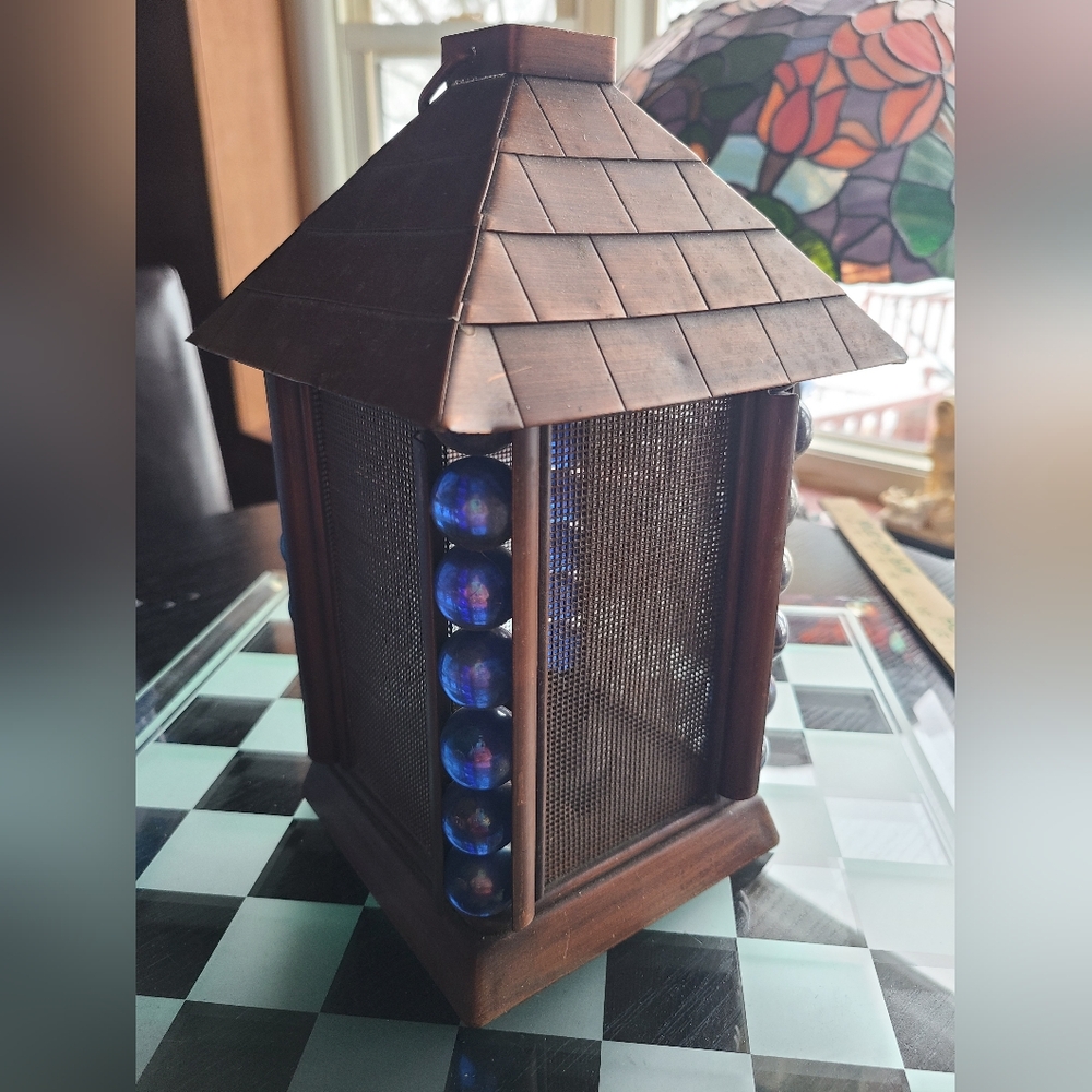 Rustic Lantern with Blueish Accents Candle Holder Tealight Metal Heavy Material